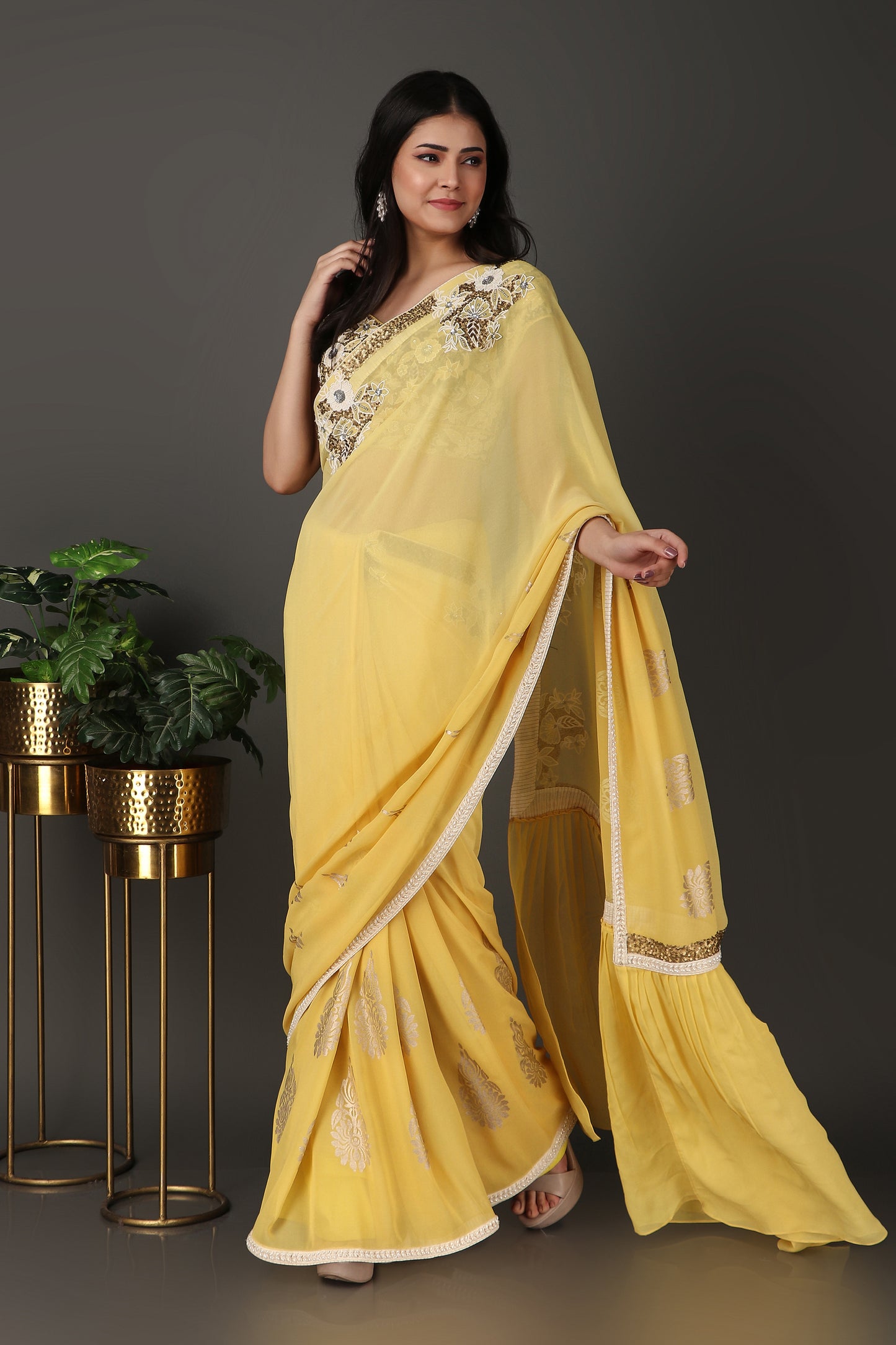 Soft Yellow Floral Embroidered Saree with Elegant Border and Sheer Finish
