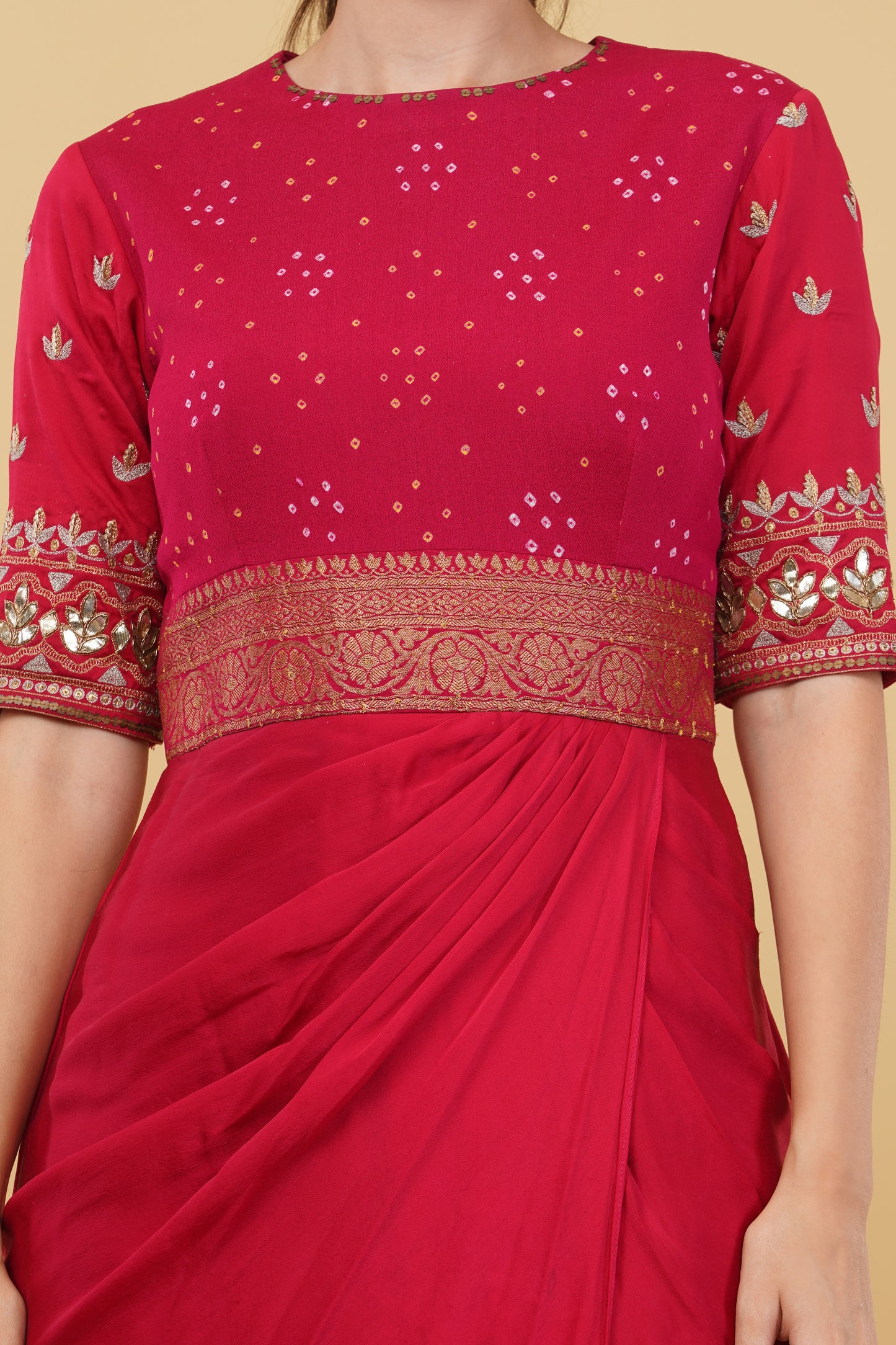 Red Drape Dress with Bandhej Yoke & Sleeves Adorned with Gotta Patti Work