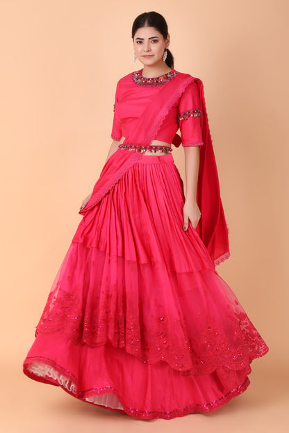 Magenta Handwork Drape Saree Set With High-Low Pallu and Belted Blouse