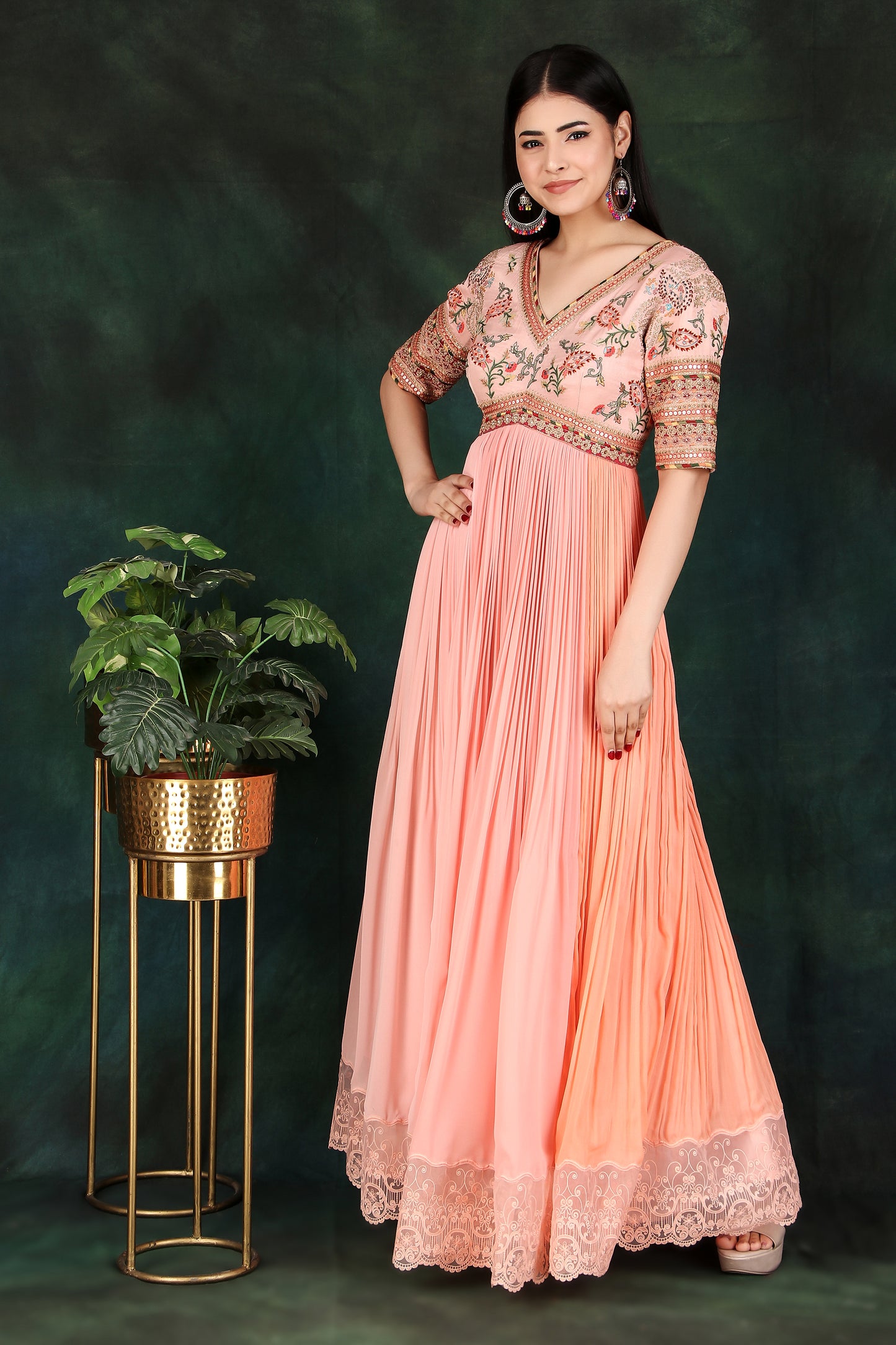 Elegant Peach Georgette Gathered Anarkali with Thread Work and Lace Detailing