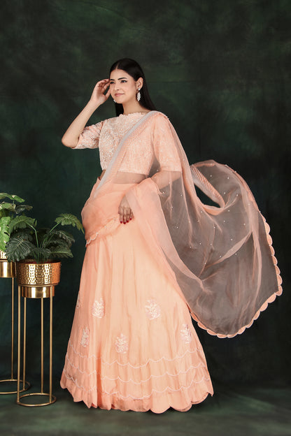 Peach Organza Pallu Lehenga Saree in Silk with Intricate Pearl Handcrafted Blouse