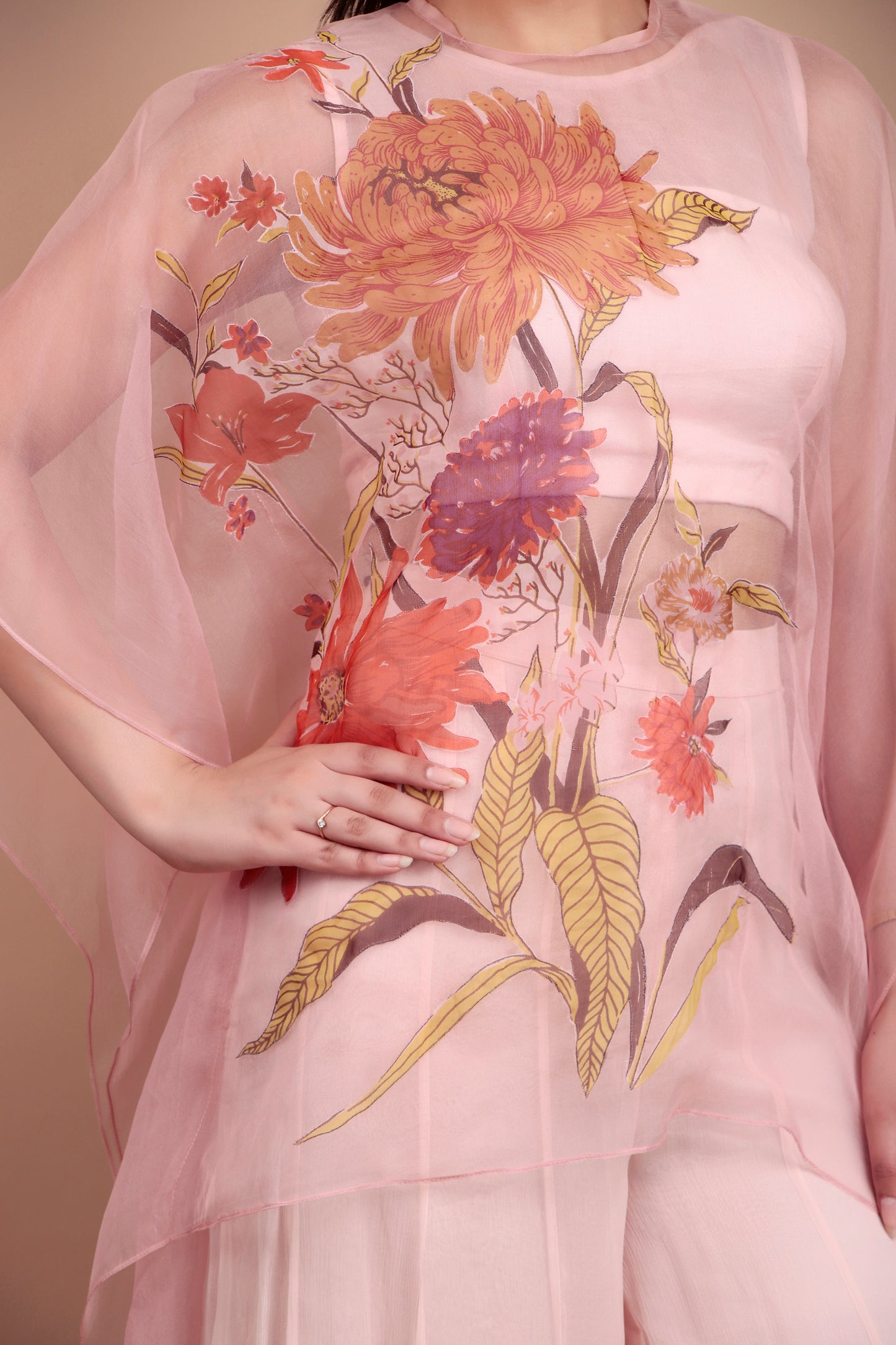 Pastel Pink Indo-Western Palazzo Set with Floral Organza Top