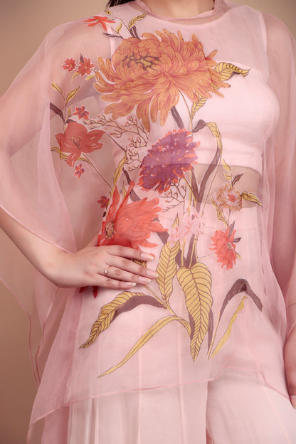 Pastel Pink Indo-Western Palazzo Set with Floral Organza Top