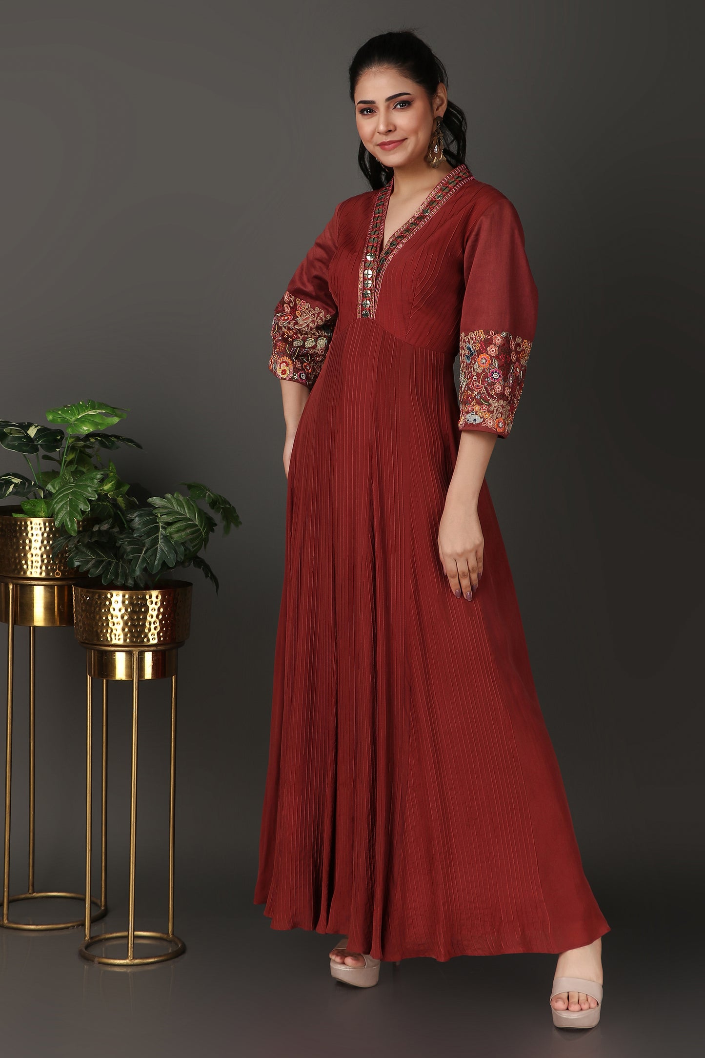 Rust Embroidered A Line Kurta Featuring Pintucks And Richly Decorated 3/4 Sleeves