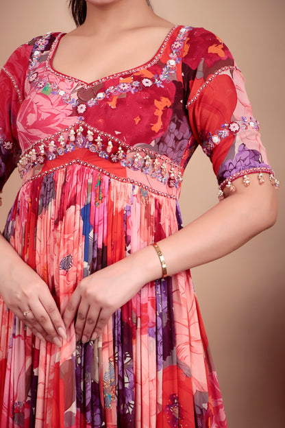 Floral Anarkali Suit With Sweetheart Neckline And Embellished Yoke