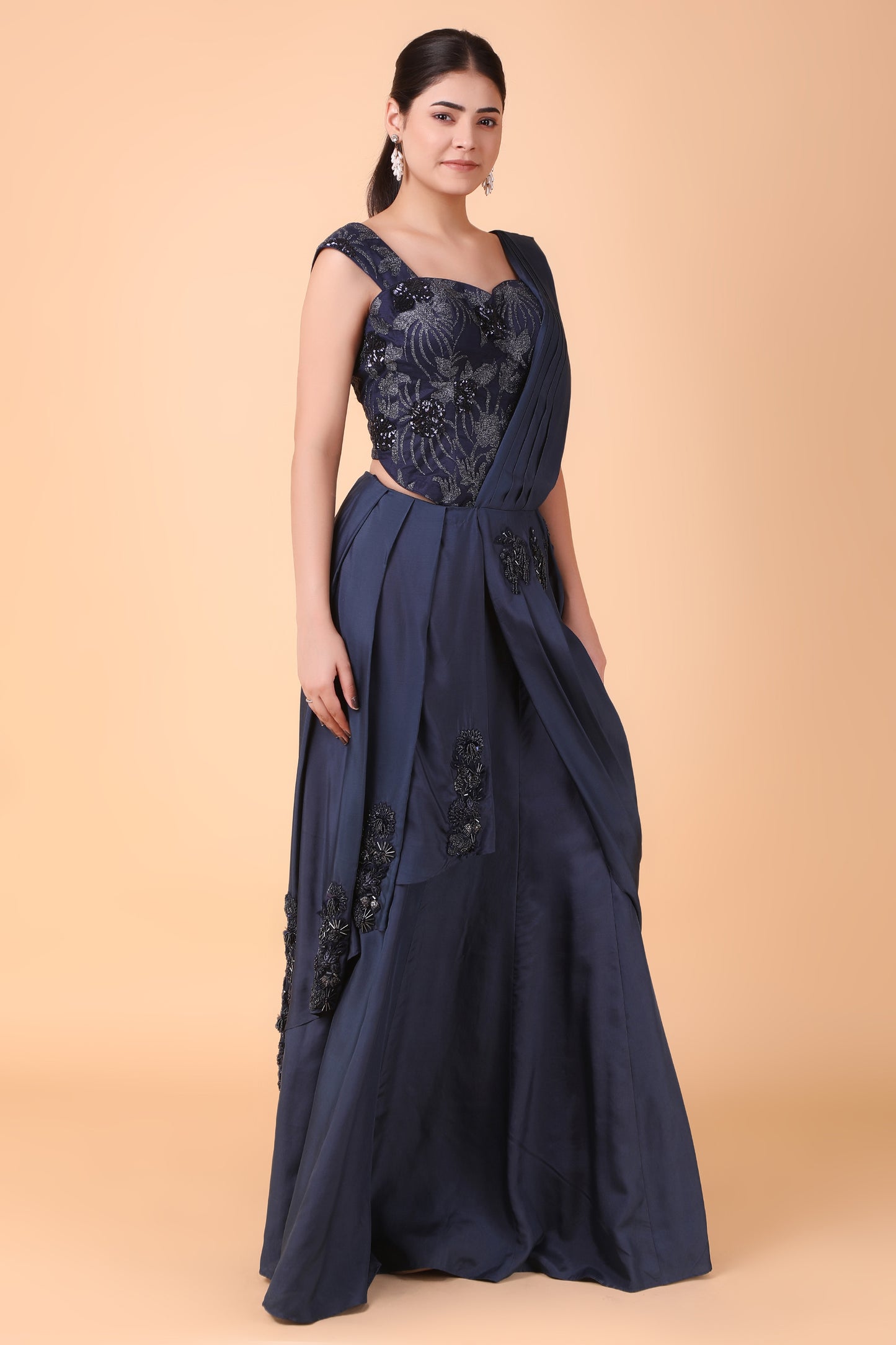 Luxury Blue Draped Saree in Zari Net with Crepe Silk Drape and Net Corset Blouse