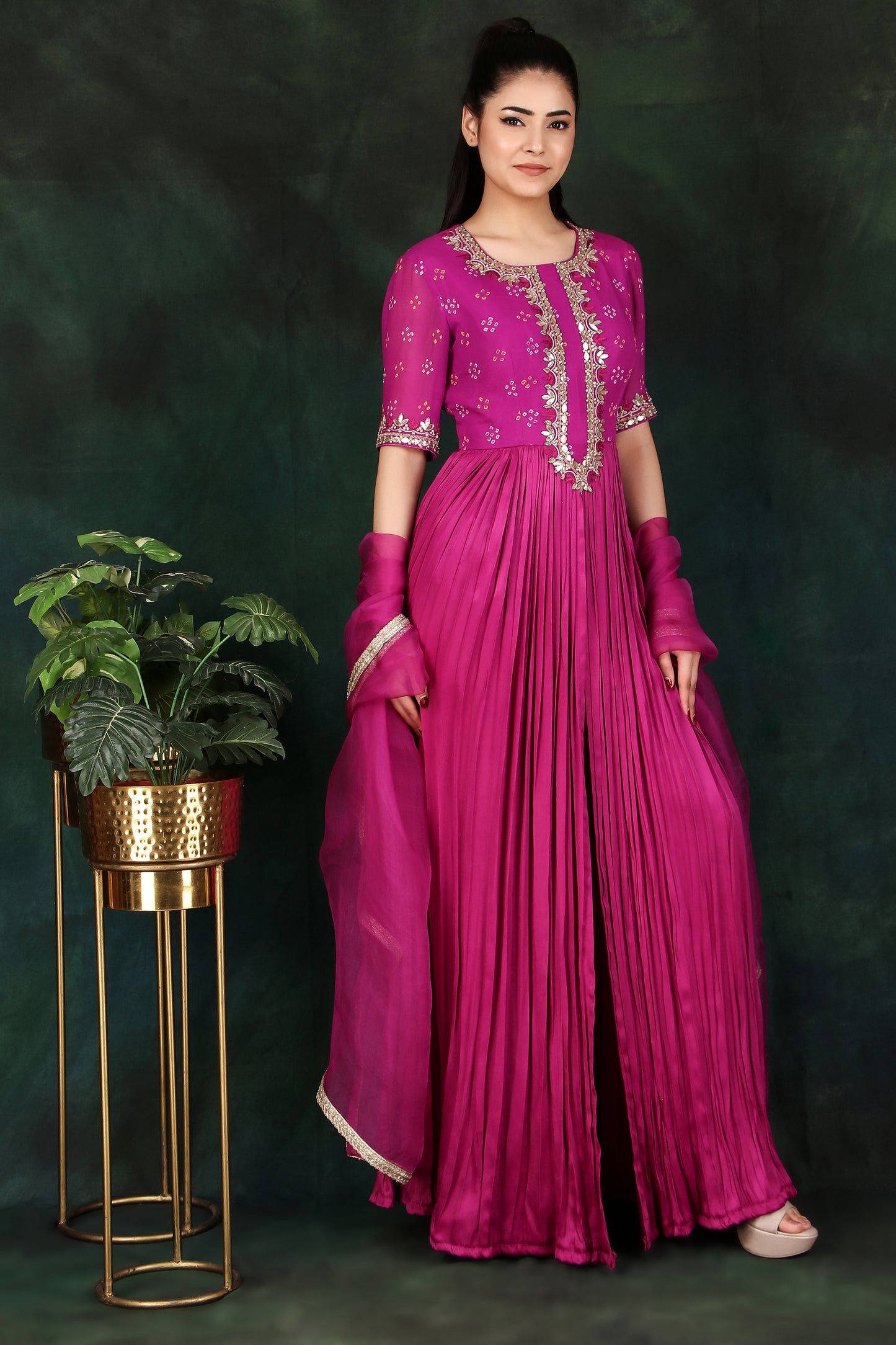 Magenta Flared Anarkali Set Featuring Gota Patti Detailing and Organza Dupatta