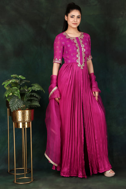 Magenta Flared Anarkali Set Featuring Gota Patti Detailing and Organza Dupatta