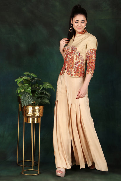 Festive Beige Jacket Top and Box Pleat Palazzo Set with Colourful Thread Work