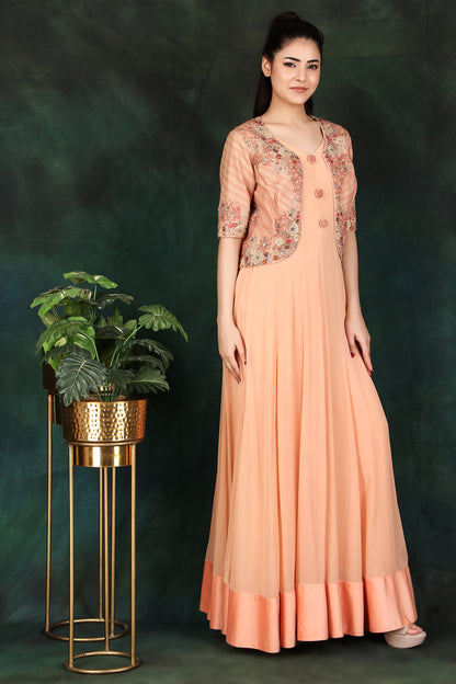 Peach Georgette Anarkali Suit with Thread, Dori & Sequin Work Jacket