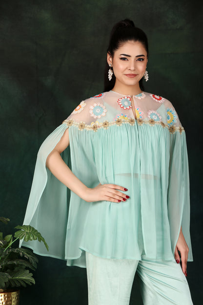 Elegant Aqua 3-Piece Indo-Western Outfit with Pearl And Cutdana Work Cape Lycra Palazzo And Bustier