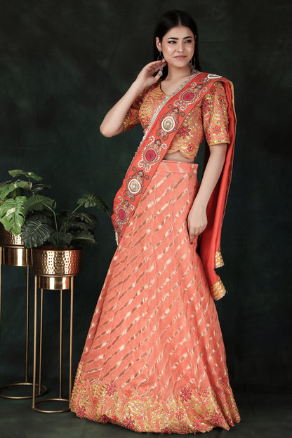 Elegant Orange Lehenga Saree with Rich Weaving Contrast Yellow Blouse And Handworked Silk Pallu