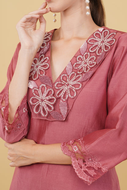 Elegant Salmon Straight Suit with Cutwork Front Panel and Pants