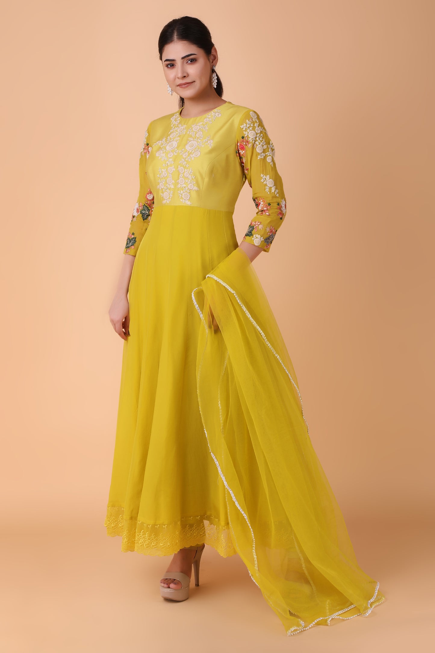 Luxury Mustard Angrakha Anarkali With Pearl Cutdana Sequin And Gota Patti Handwork