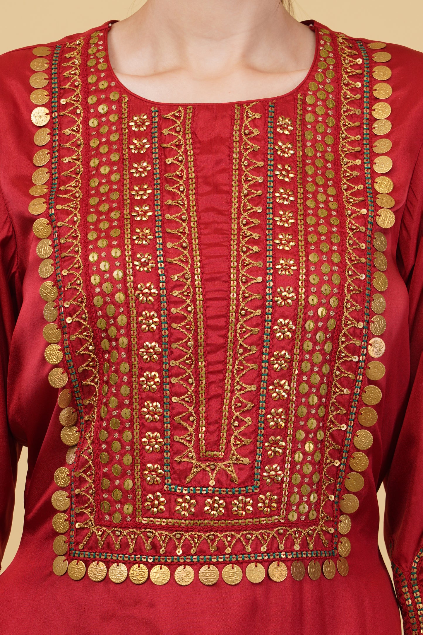 Red Suit Set with Heavy Metal Coin Work on Neckline and Sleeves