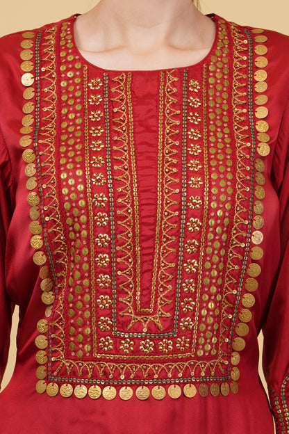 Red Suit Set with Heavy Metal Coin Work on Neckline and Sleeves