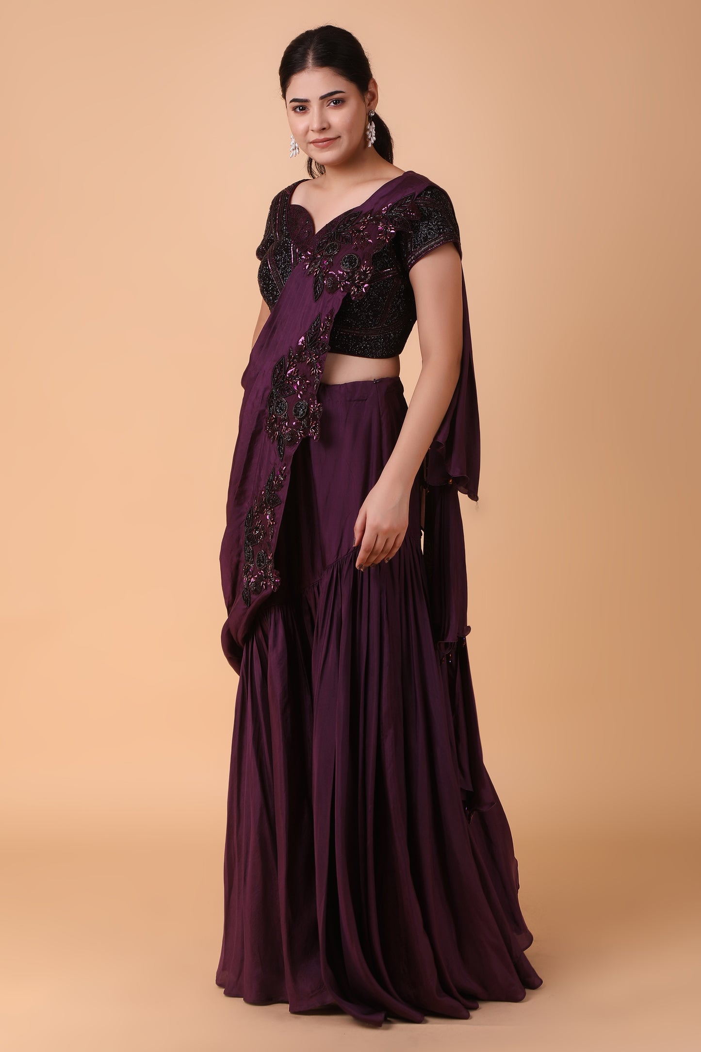 Luxury Purple Draped Saree in Pure Silk with Heavy Embellishment and Handworked Blouse