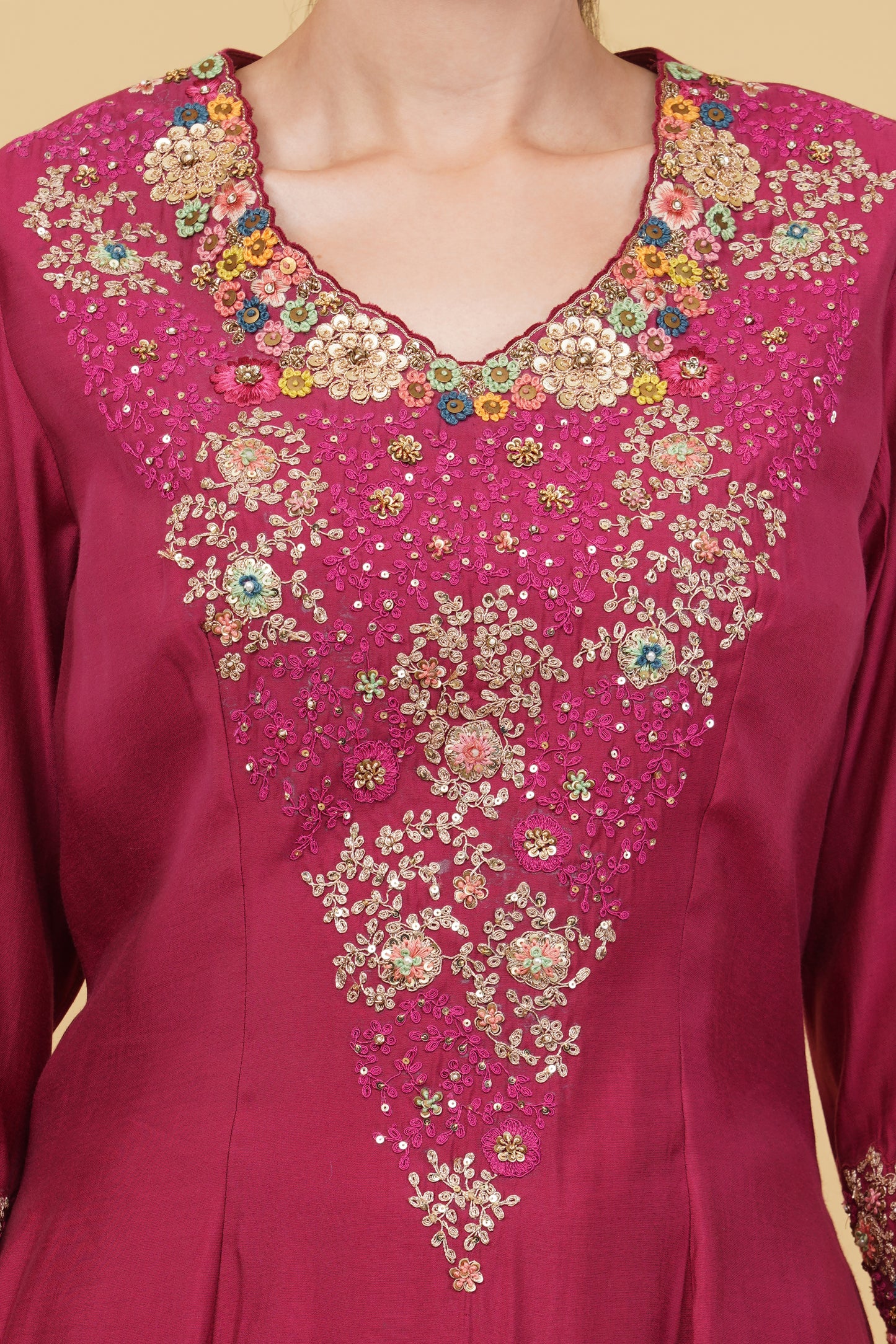 Mauve Pink A-Line Kurti Set with Zardosi And Dori Hand Embellishment