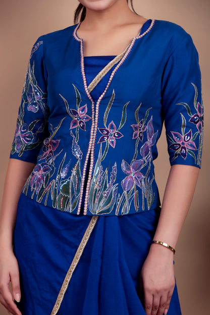 Festive Royal Blue Ensemble with Artistic Floral Jacket and Sequin Work