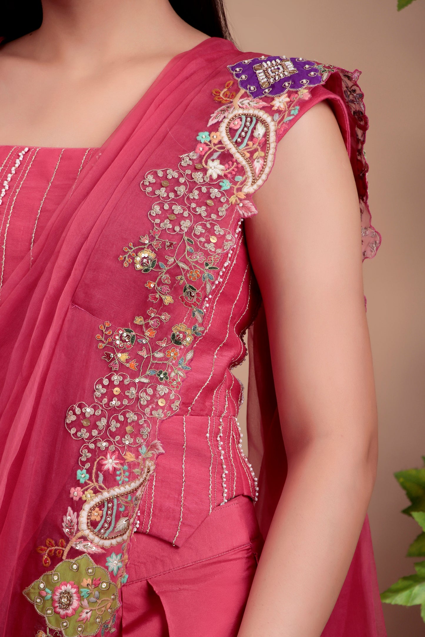 Pink Indo-Western Embroidered Blouse Set with Zari Dhoti Skirt and Organza Dupatta
