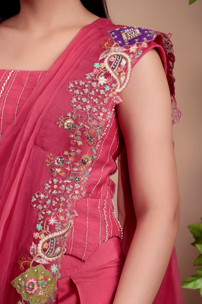 Pink Indo-Western Embroidered Blouse Set with Zari Dhoti Skirt and Organza Dupatta