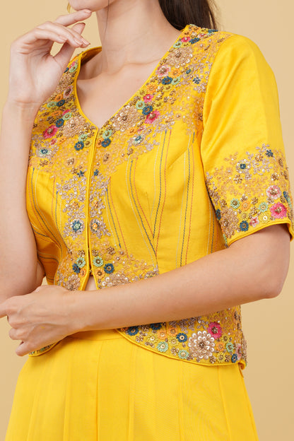 Elegant Yellow Georgette Plazo Set with Ornate Metallic and Dori Work Jacket
