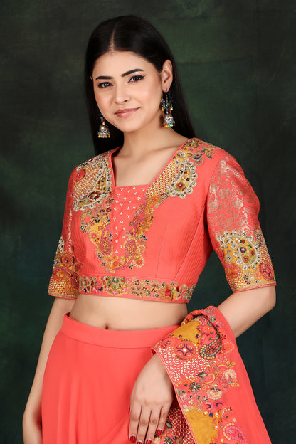Carrot Lehenga Saree with Attached Drape Pallu and Layered Skirt