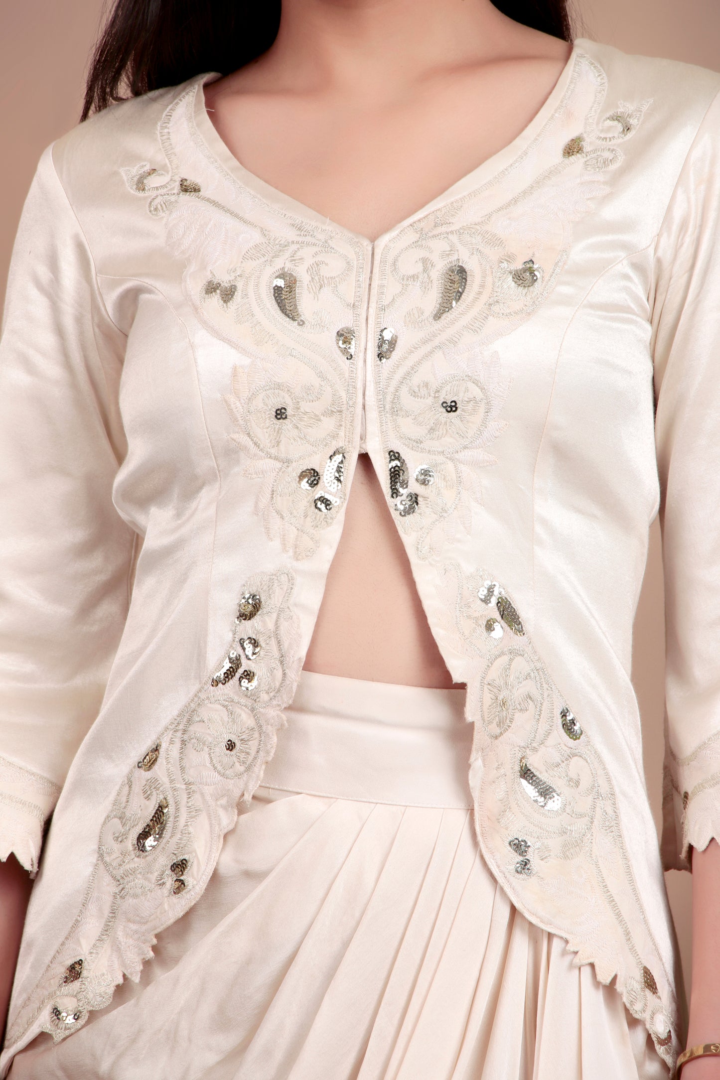 Ivory Luxury Indo-Western Ensemble with Intricate Sequin Zari Jacket and Draped Skirt