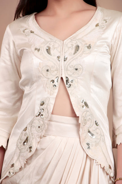 Ivory Luxury Indo-Western Ensemble with Intricate Sequin Zari Jacket and Draped Skirt