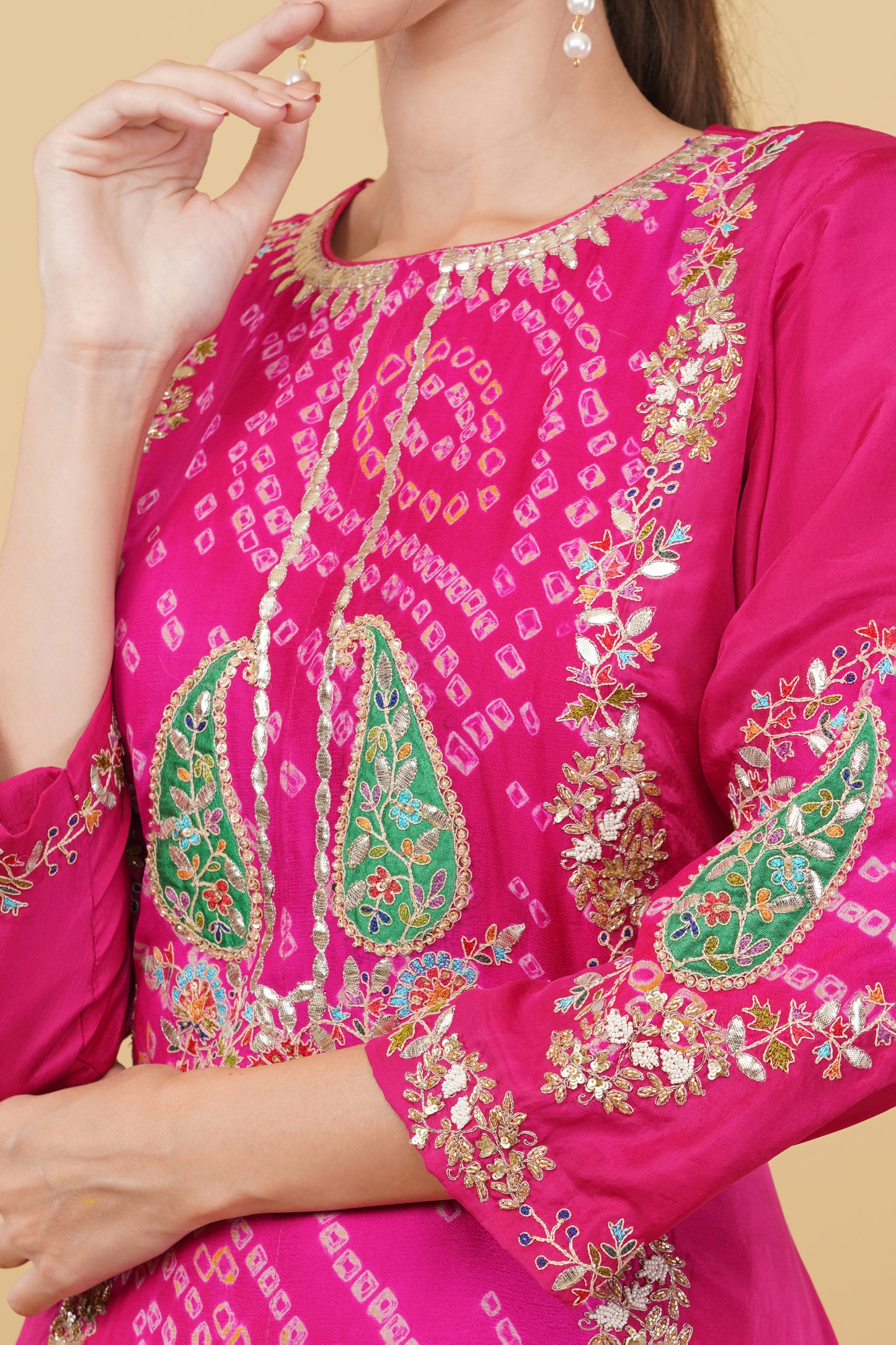 Elegant Magenta Silk Kurti with Colorful Thread Work and Matching Silk Dhoti
