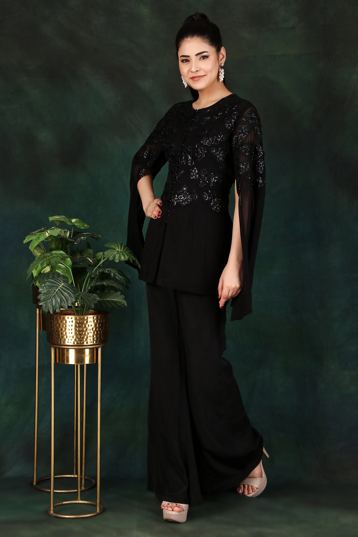 Black Sequin Corset Set with Slit Sleeves for Party And Cocktail Wear