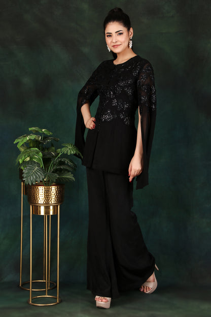 Black Sequin Corset Set with Slit Sleeves for Party And Cocktail Wear