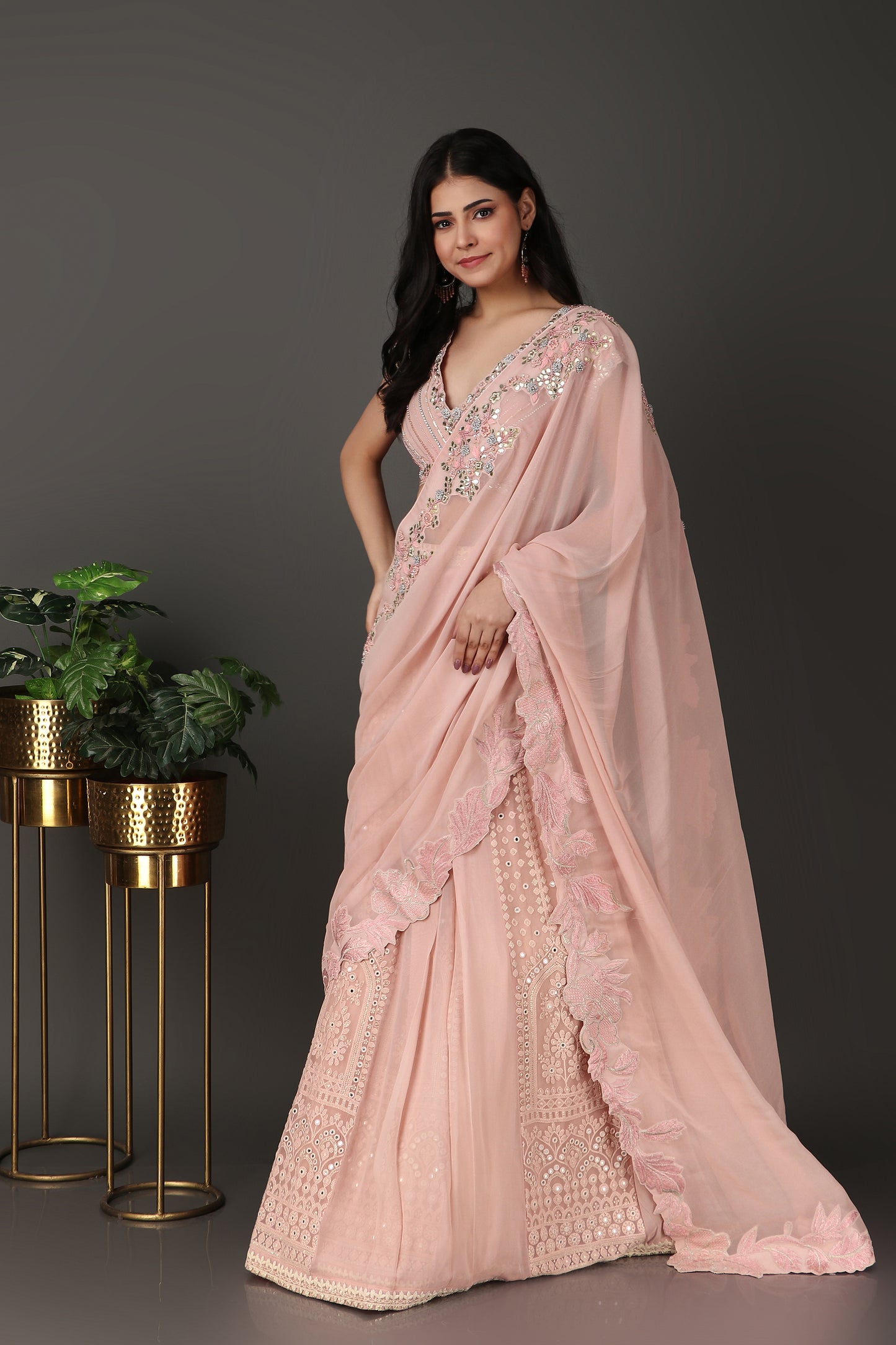Pink Lucknowi Lehenga Saree In Georgette With Gotta Cutdana Sequins And Pearl Work