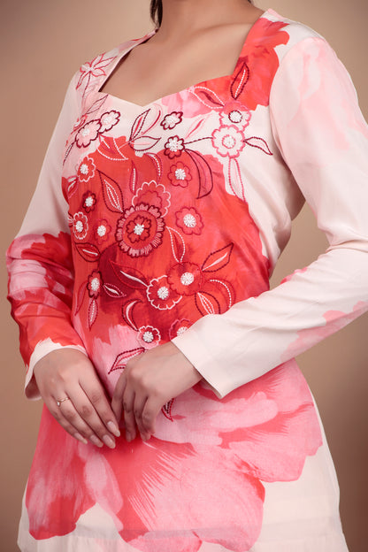 Pink Floral Co-ord Set With Thread And Pearl Embroidery