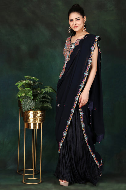 Festive Blue Palazzo Saree in Crushed Silk with Heavy Embroidered Blouse