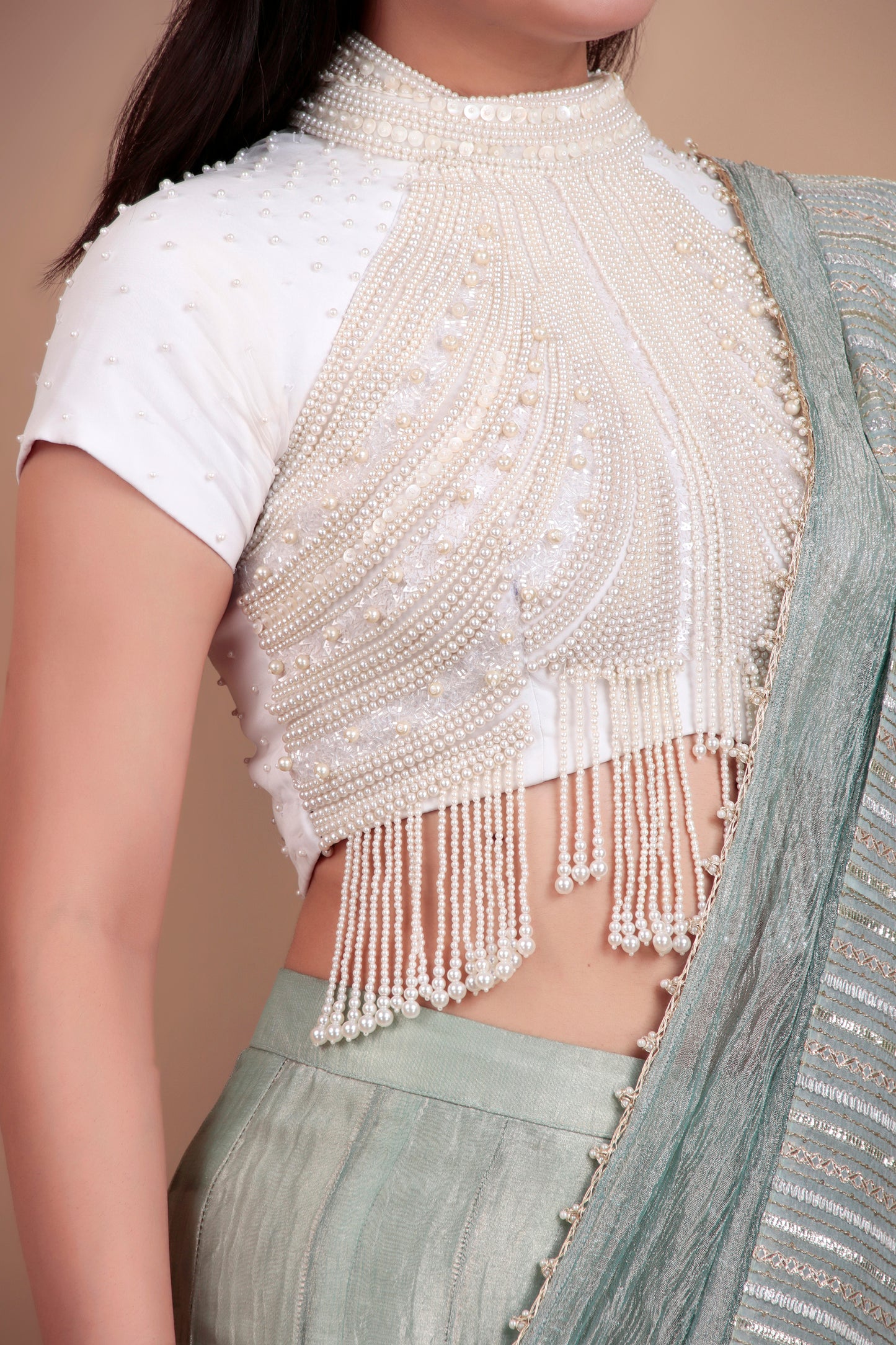 Pastel Green Fusion Plazo Saree with Hand-Embroidered Pallu and Bead-Work Blouse