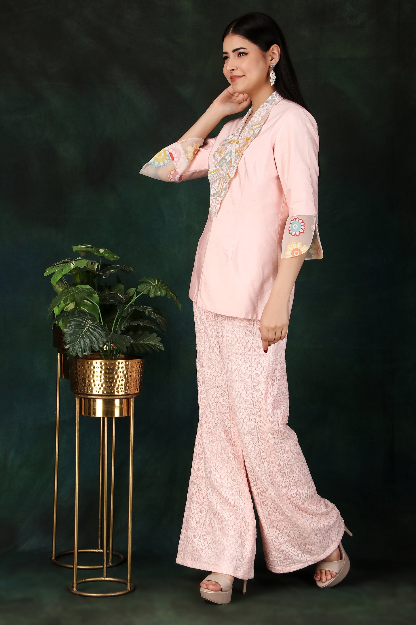 Pink Jaal Net Palazzo Indo-Western Set with Sequin Embellished Collar Jacket