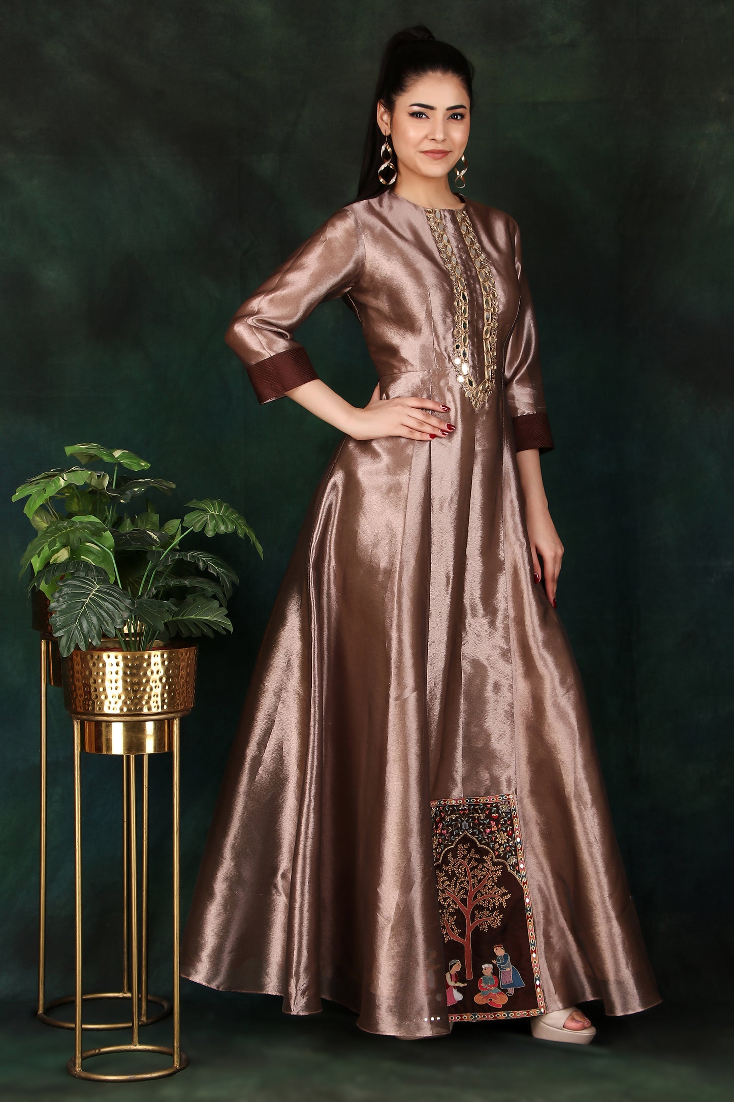 Copper Tissue Anarkali with Mirror Work Neckline and Photo Motif Front Flare