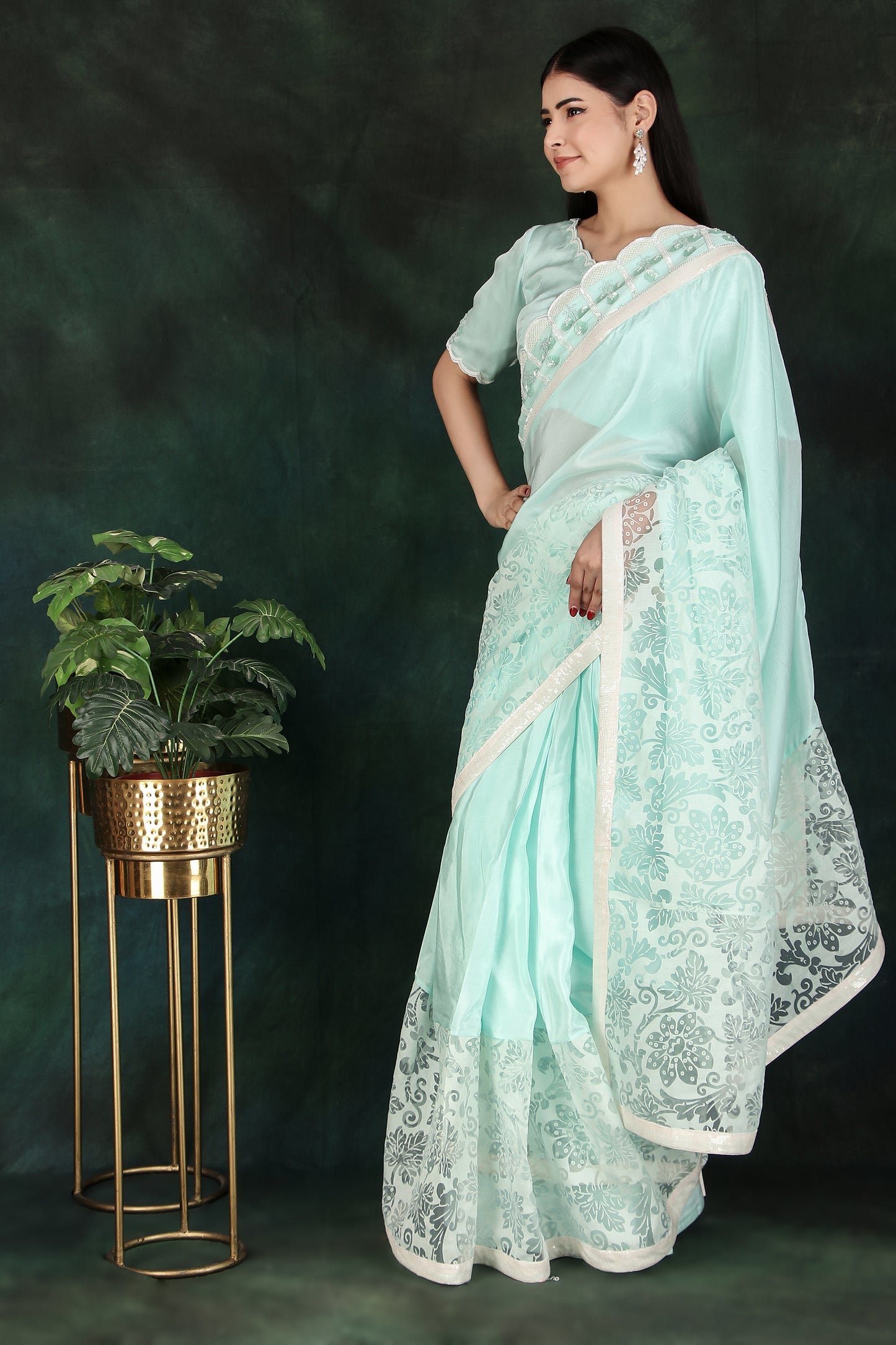 Embroidered Aqua Saree Set with Organza Skirt & Sequin-Cutdana Blouse