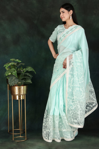 Embroidered Aqua Saree Set with Organza Skirt & Sequin-Cutdana Blouse