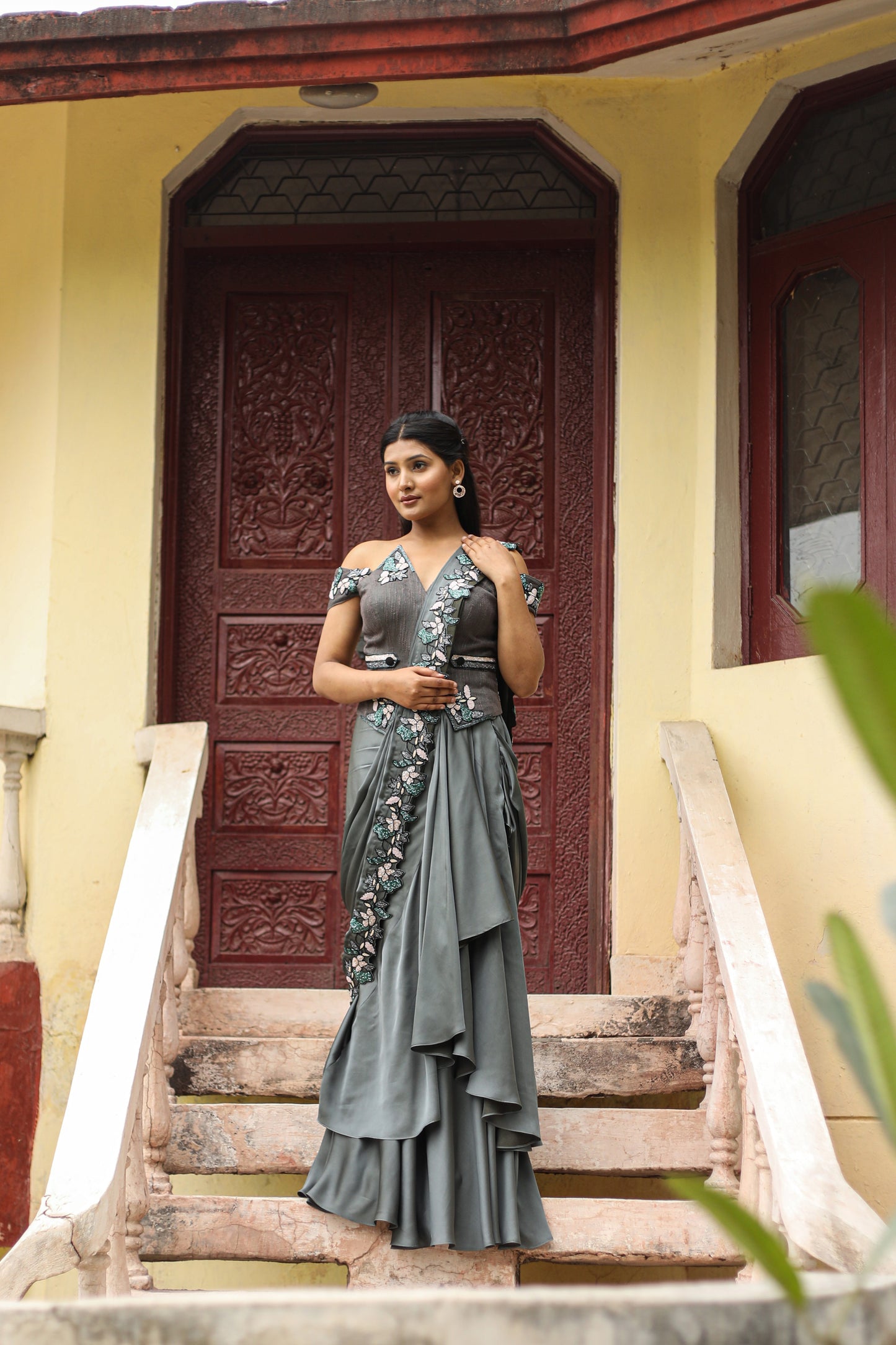 Belgium Green Draped Saree With Heavy Embroidered Pallu And Corset Blouse