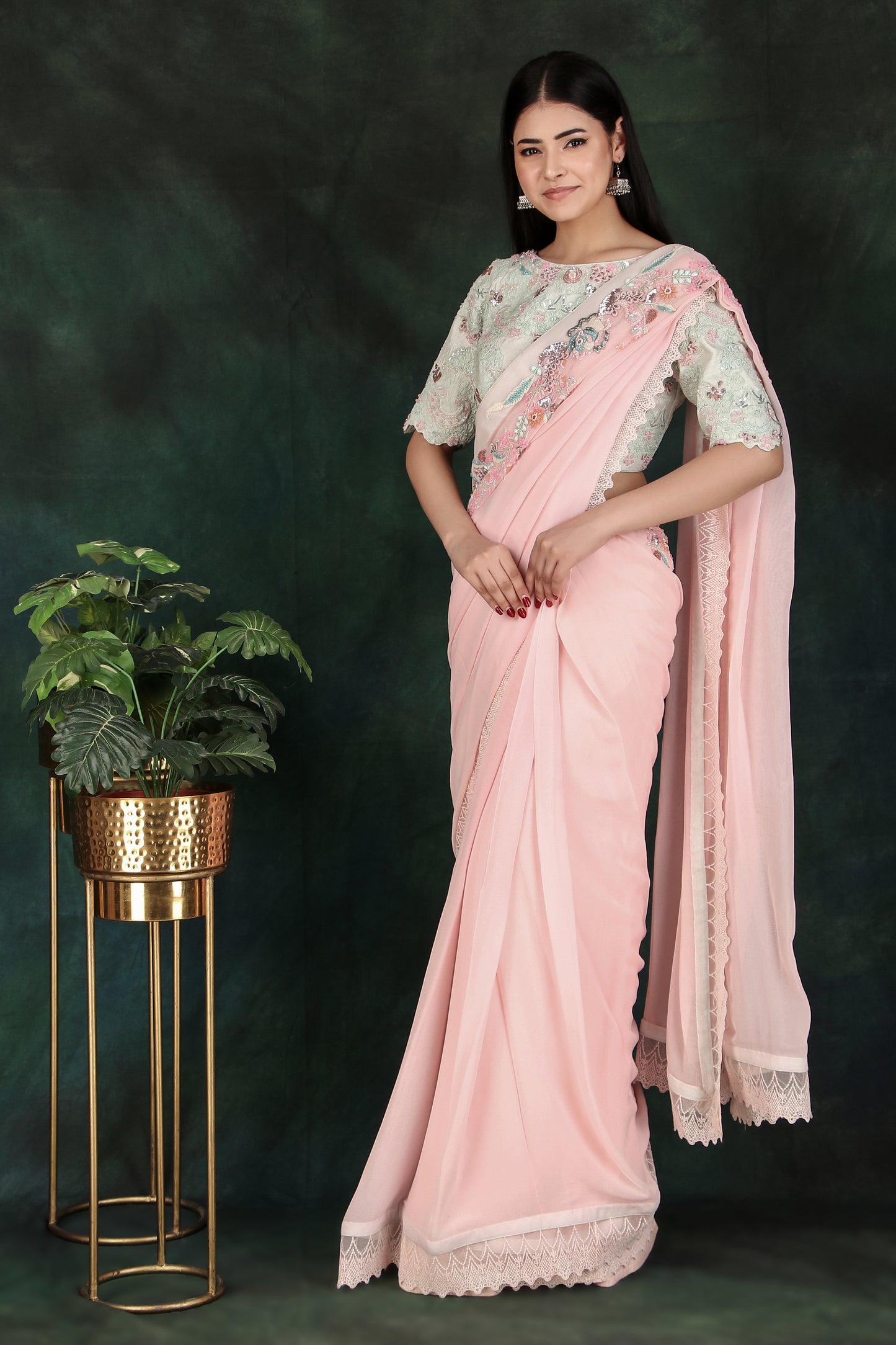 Festive Pink Saree With Detailed Pallu And Full Zaal Handwork Aqua Contrast Blouse
