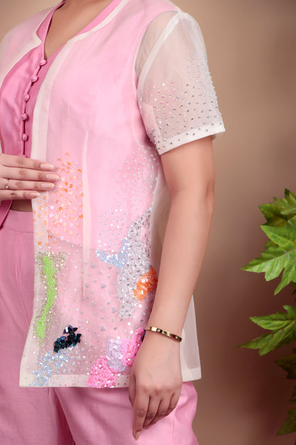 Sleeveless Crop Top And Flared Pants Set with Sheer Embroidered Shrug
