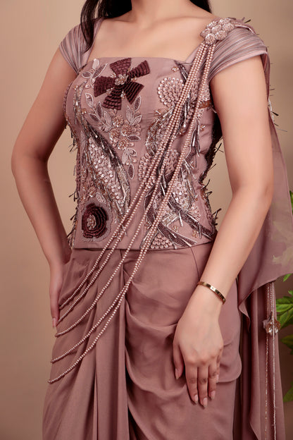 Mouse Grey Draped Saree with Floral-Geometric Hand-Embroidered Blouse and Pearl-Accented Drape
