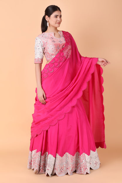 Magenta Silk Lehenga Saree With Mirror And Pearl Work Blouse And Pure Silk Pallu