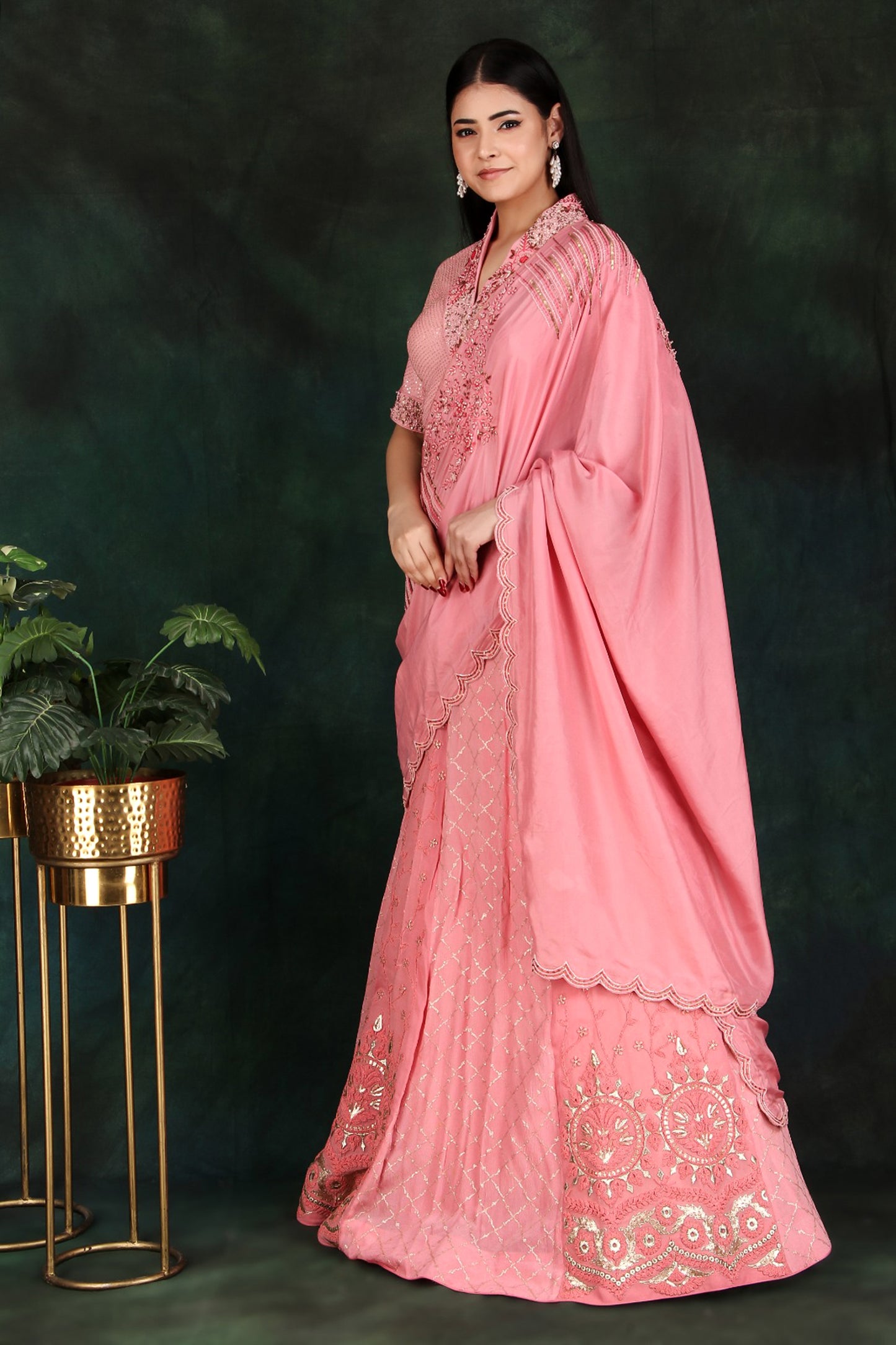 Peach Lehenga Saree with Embroidered Collar Blouse and Handwork Silk Pallu