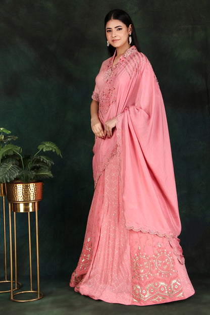 Peach Lehenga Saree with Embroidered Collar Blouse and Handwork Silk Pallu