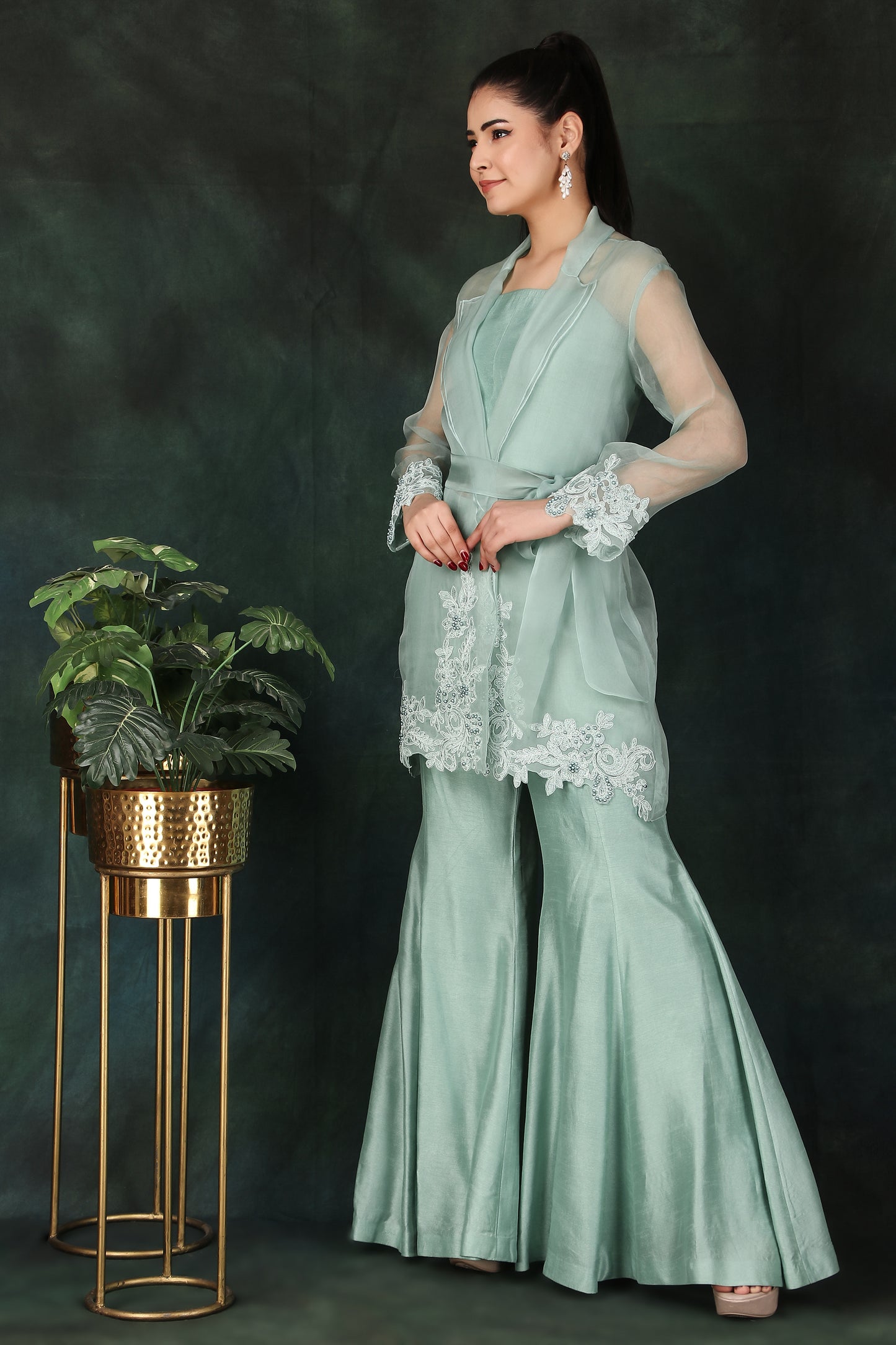 Aqua Party Wear 3 Piece Set with Pearl-Embellished Coat Bustier Top And Dori Palazzo