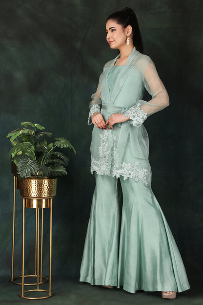Aqua Party Wear 3 Piece Set with Pearl-Embellished Coat Bustier Top And Dori Palazzo