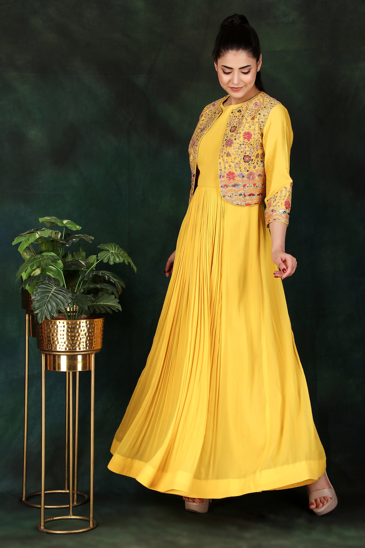Yellow Georgette Anarkali Suit with Thread Dori And Sequin Work Jacket
